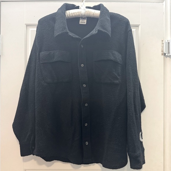 VS Pink Black Fleece Button Down, sz lg - Picture 1 of 4